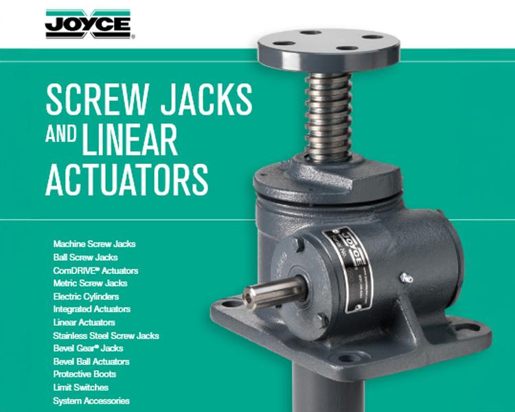 Open manual for Joyce screw jacks and linear actuators, showcasing detailed specifications and instructions