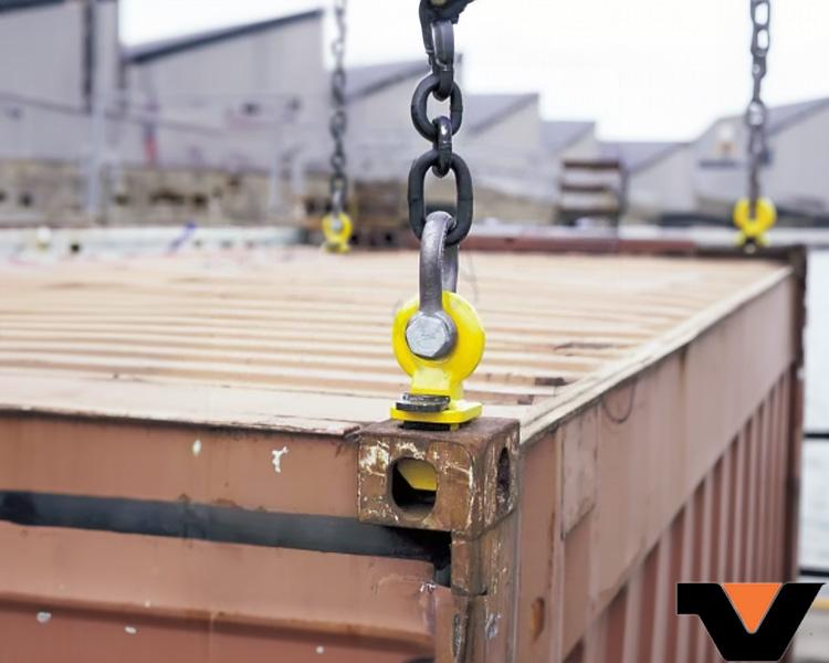 Vanguard Steel eye bolts securing a shipping container for transport, ready to be lifted from the port with industrial-grade lifting equipment.